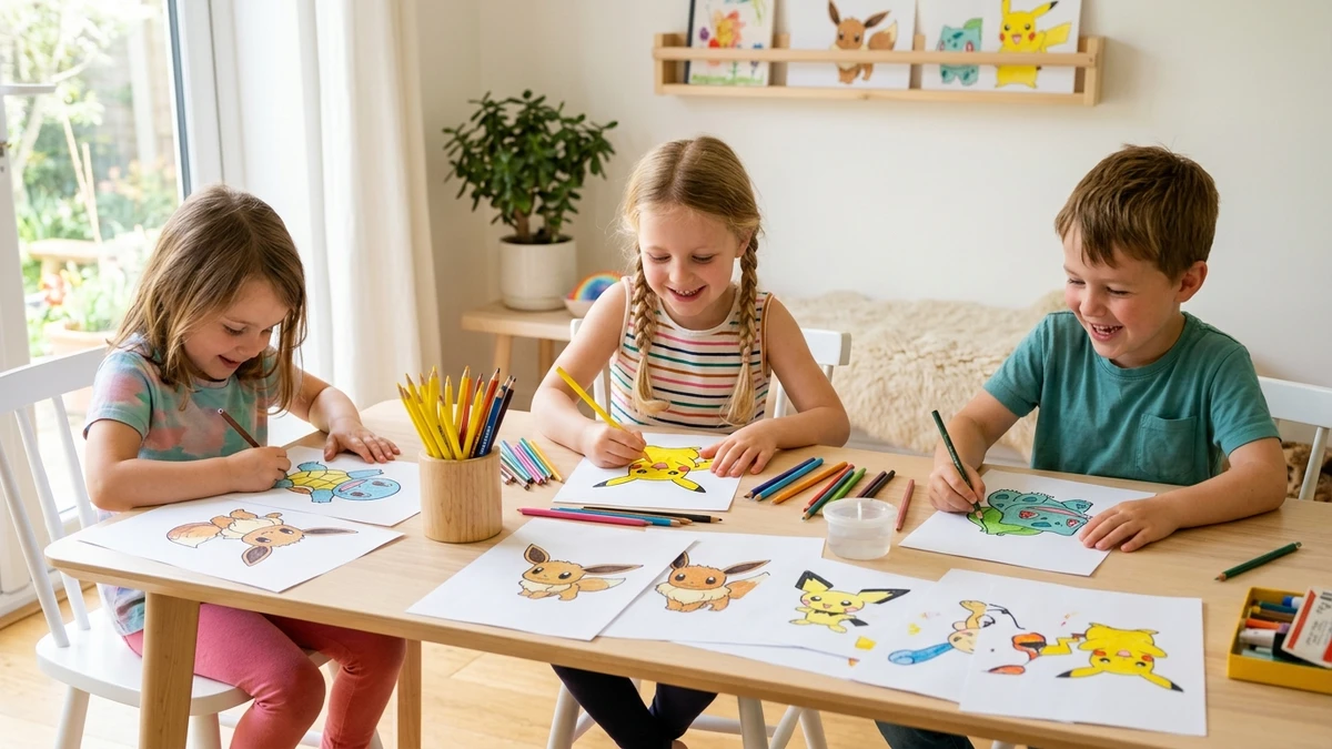 Glada barn som färglägger Pikachu och Pokémon-figurer på A4-papper med gula och röda färgpennor